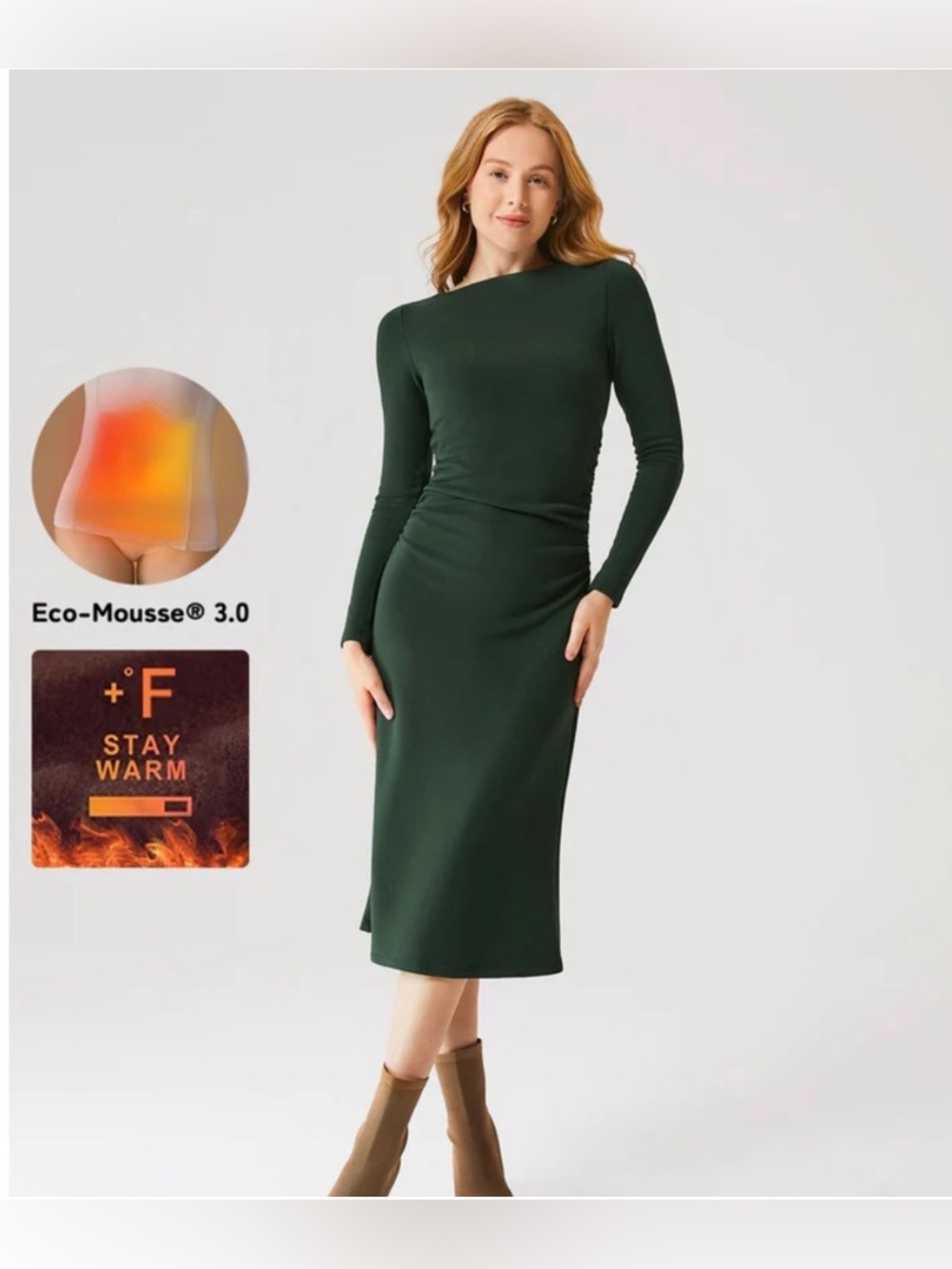 NWT OGL Green Eco-Mousse® Thermal Boatneck Ruched Sides Brami Midi Dress